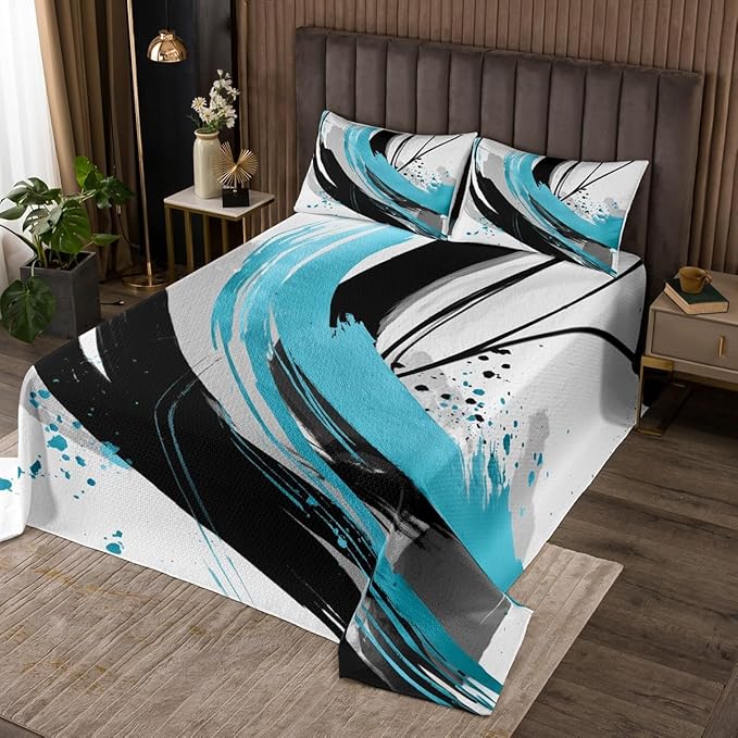 Erosebridal Black Blue Geometric Decorative Quilt Set Twin - Geometric Boho Abstract Coverlet Set Striped Bed Sets for Boys Adults Girls Minimalists Graffiti Aesthetic Lines Bedding Sets