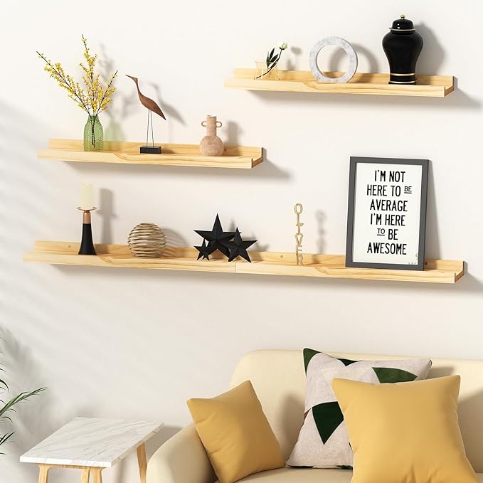 Picture Ledge Shelf, 24 inch Solid Pine Wood Floating Shelves, Floating Book Shelves for Living Room Bedroom Kitchen Decor, Natural Unfinished, No Stain, DIY, Set of 4(Maple Wood, 4Pack 24inch)