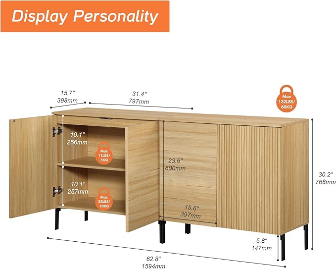 WAMPAT 63" Sideboard Buffet Cabinet with 4 Doors and Adjustable Shelves, Fluted Storage Cabinet, Modern Credenza Coffee Bar Wine Bar Table for Kitchen, Dining Room, Living Room,Oak