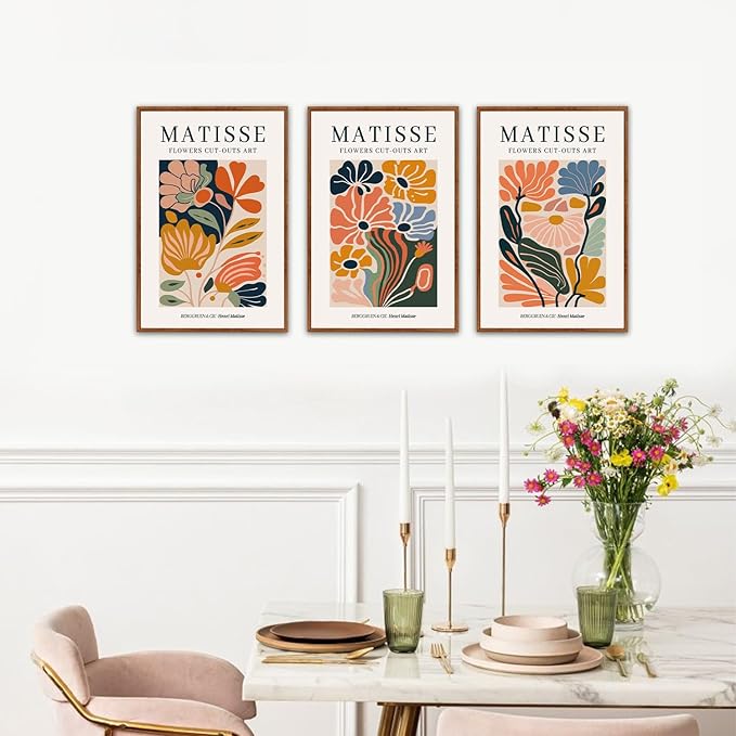 HLNIUC Framed Boho Neutral Canvas Wall Art,Boho Flower Wall Decor Set of 3(16”x24’) Bohemian Modern Aesthetic Pictures Wall Painting,Colorful Abstract Floral Market Art Print for Living Room,Office