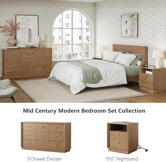 9 Drawer Dresser, Mid Century Modern Dresser with Storage, 55" Wide Chest of Drawers with Wood Grain Texture, Dressers TV Stand for Bedroom, Living Room, Hallway, Walnut