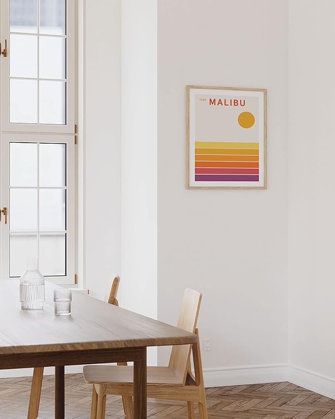 HAUS AND HUES Retro Malibu Travel Poster – Vintage California Beach Art, 1960s Aesthetic Decor, Yellow Print (Unframed, 12x16)