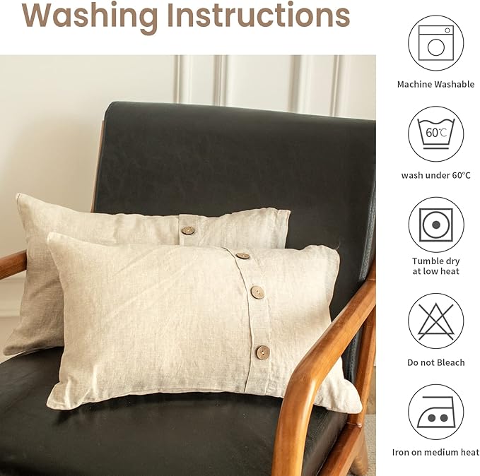 Simple&Opulence 100% Linen Lumbar Pillow Cover 12 x 20 Inch Set of 2 Rectangular Decorative Pillow Cover with Vintage Triple Coconut Button for Couch Sofa Bed Living Room Office Décor - Linen