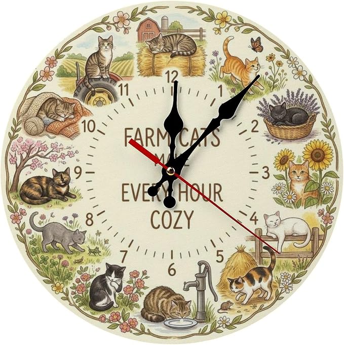 Cozy Farm Cats Wooden Wall Clock Silent Non-Ticking | Rustic Countryside Animal Home Decor for Kitchen Living Room Bedroom Office Gift