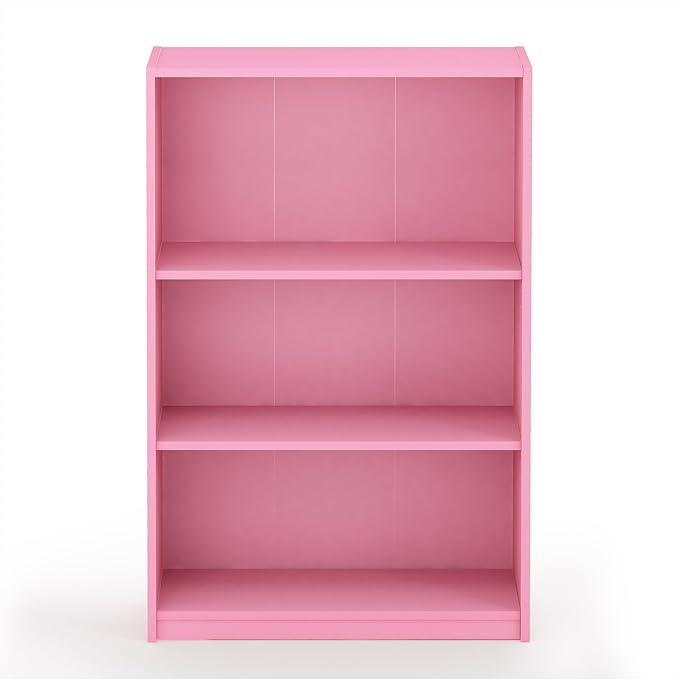 Furinno JAYA Book Shelf, 3-Tier Bookshelf, Bookcase with Adjustable Shelves, 9.5 x 24.5 x 40.3, for Organization and Storage, for Living Room, Bedroom, Home Office, Pink
