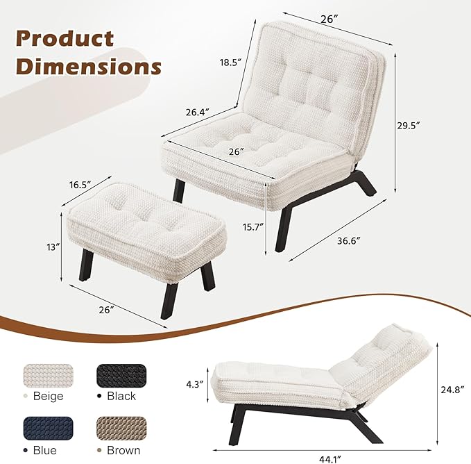 ANJ Accent Chair with Ottoman Adjustable Backrest, Beige Living Room Chair Tufted Upholstered Lounge Chair with Footrest Set, Modern Chair Cozy Reclining Chair for Reading Room Bedroom