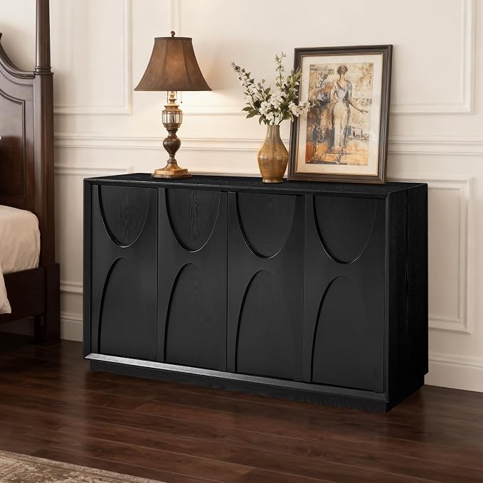 59" Sideboard Buffet Cabinet with Storage, Mid-Century Modern Solid Wood Veneer Buffet Sideboard Accent Credenza with Adjustable Shelves for Living Room Kitchen Hallway (Black)