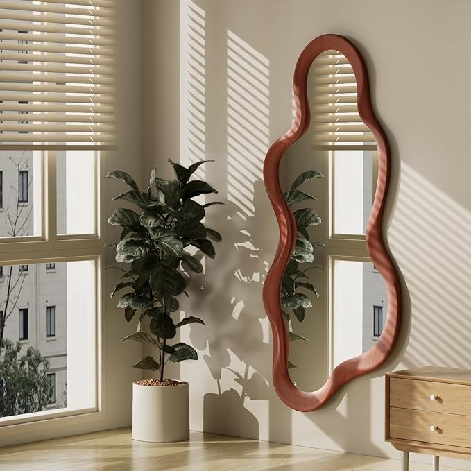 48"x 22" Irregular Wall Mirror, Walnut Wood Framed Wall Mirror, Asymmetrical Wall Wavy Mirror for Living Room Bedroom Entryway Bathroom Modern Decorative Mirror with Hanging Hooks