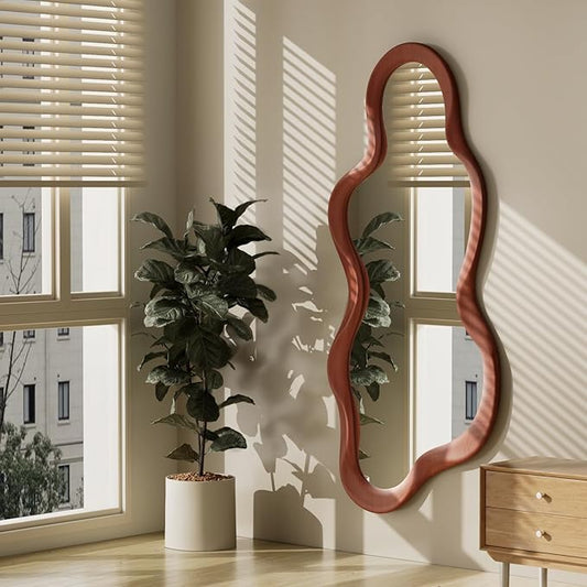 48"x 22" Irregular Wall Mirror, Walnut Wood Framed Wall Mirror, Asymmetrical Wall Wavy Mirror for Living Room Bedroom Entryway Bathroom Modern Decorative Mirror with Hanging Hooks