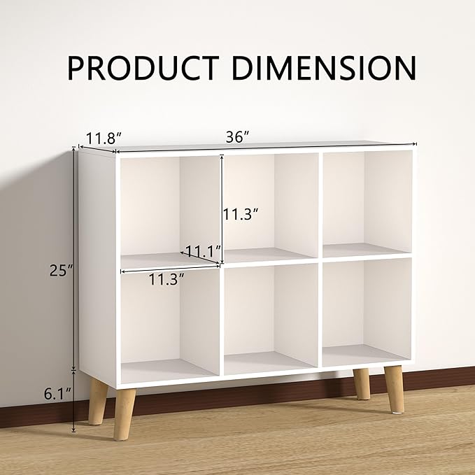 6 Cube Storage Organizer with Legs, 2 Tier Cube Low Bookcase Freestanding Storage Display Organizer for Home Office, Six-Cubes Open Shelf Bookshelf (White, 6 Cube Horizontal)