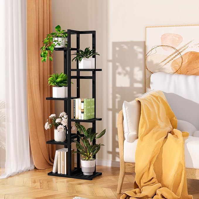 ROMGUAR CRAFT 6 Tier Bamboo Plant Stand Indoor, Wood Tall Flower Holder Corner Tiered Plant Shelf for Multiple Plants (Black)