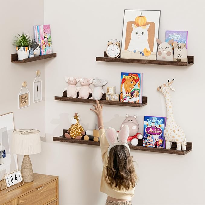 Heimlove 24 inch Picture Ledge Shelf Set of 8,Long Floating Shelves for Wall,Walnut Picture Shelf with Lip for Wall Decor,Living Room Bedroom Bookshelf Photo Frames Nursery Book Shelves for Storage