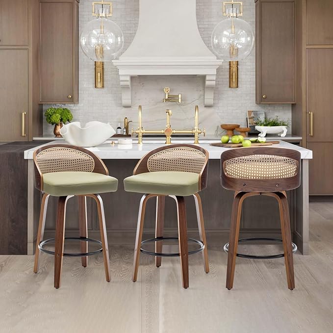 26" Swivel Rattan Bar Stools Set of 3,Mid-Century Modern Green Leather Upholstered Counter Height Stools,Kitchen Island Barstools with Rattan Low Backrest,Walnut Wood Finish Bar Chair