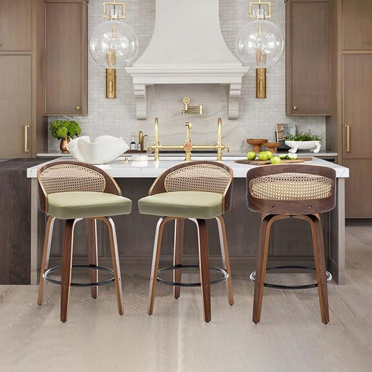 26" Swivel Rattan Bar Stools Set of 3,Mid-Century Modern Green Leather Upholstered Counter Height Stools,Kitchen Island Barstools with Rattan Low Backrest,Walnut Wood Finish Bar Chair