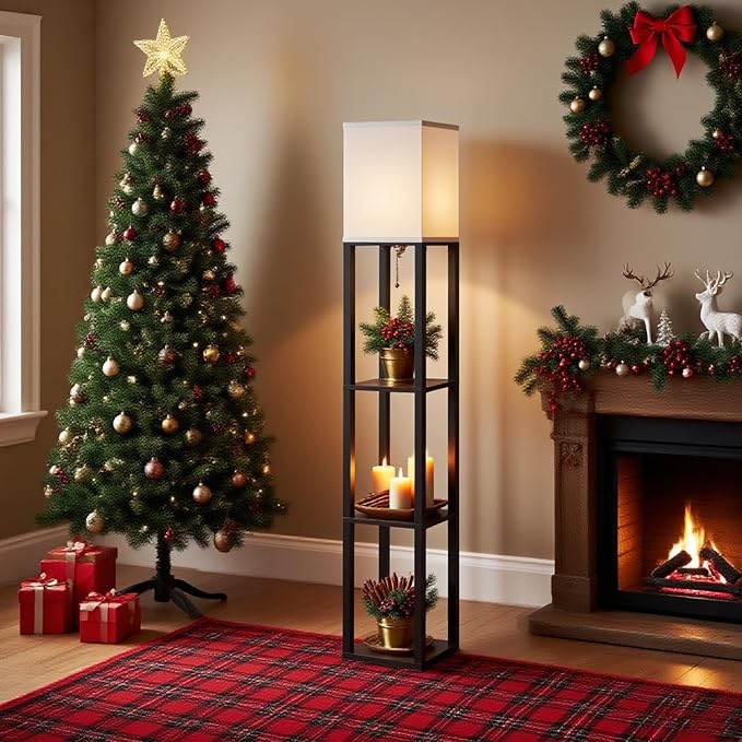 Floor Lamp with Shelves, Modern Square Shelf Lamp for Living Room, Corner Display Standing Lamp, Tall Lamp with White Shade for Bedroom, Office, Home Decor (Black)