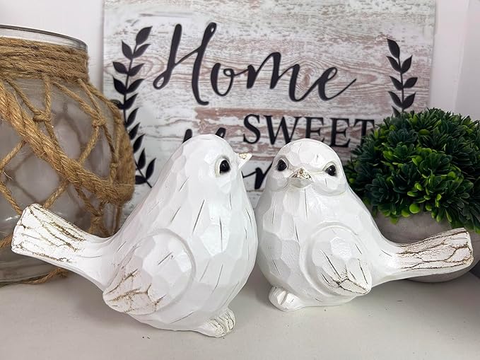 Set of 2 White Bird Decor for Home Decor, Farmhouse Bird Decor Bird Statue Sculpture - Decorative Carved Rustic Distressed Animal Bird Decor Ornaments - Collectible Bird Figurine | Spring