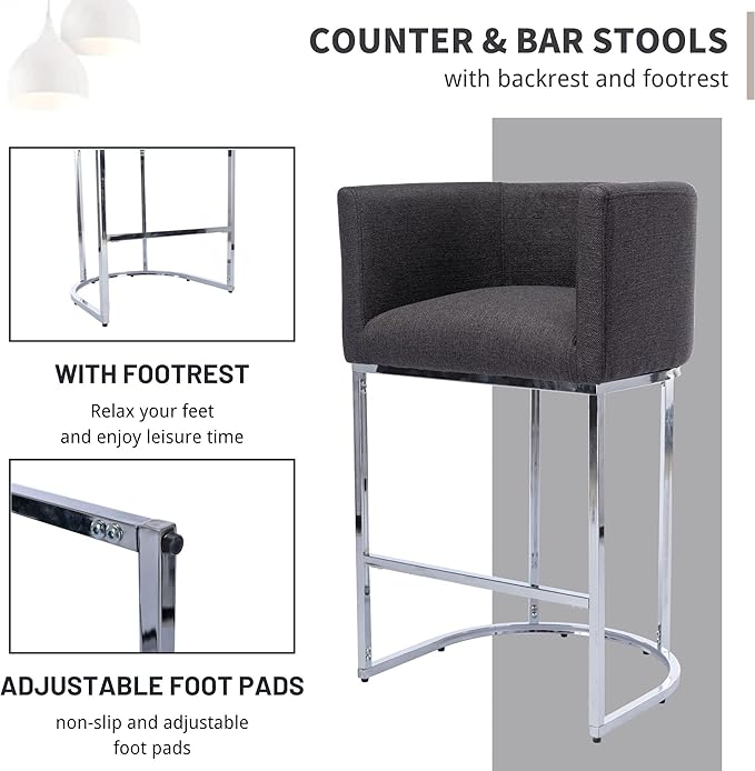 Bar Stools 29" Counter Height Bar Stools Upholstered Fabric Barstool Modern Barrel Counter Stool Kitchen Counter Island Stools with Chrome Metal Base, Charcoal