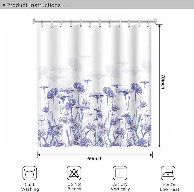 Purple Flower Shower Curtain for Bathroom Spring Floral Nature Wild Botanical Shower Curtain Waterproof Polyester Fabric Modern Art Aesthetics Home Decor Bath Curtain with Hooks, 69x70 Inch
