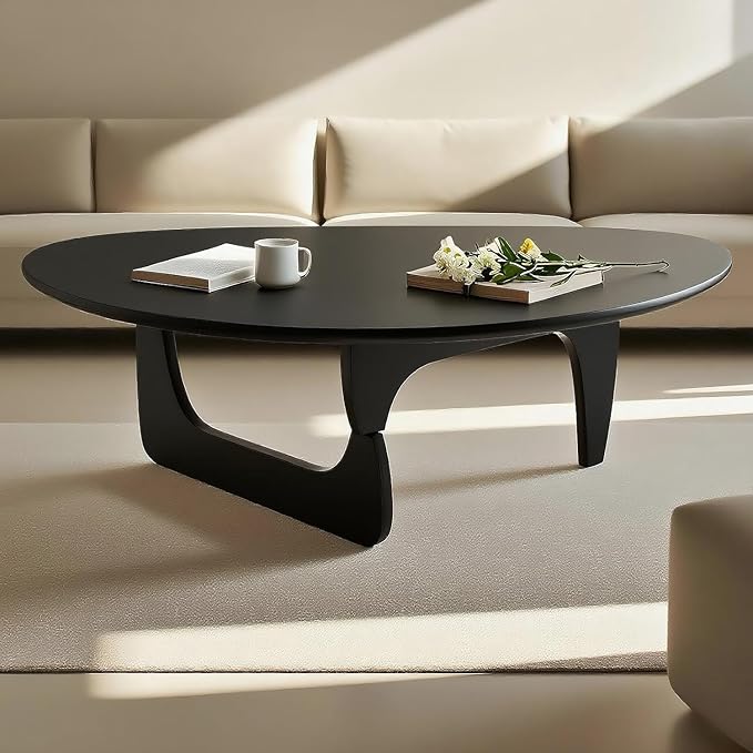 Solid Wood Triangle Coffee Table,Unique Mid Century Modern Oval Coffee Table,Irregular Geometric Tea Tables for Home Living Room with Wooden Tabletop and Reinforced Legs Black 35" L x 24" W x 16" H