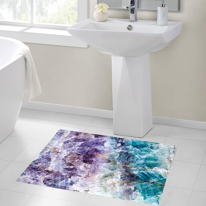 LB Purple Marble Bathroom Rug Abstract Geometric Non Slip Bath Mat Teal Crystal Mineral Doormat Memory Foam Super Absorbent Floor Mats,24x16 Inch