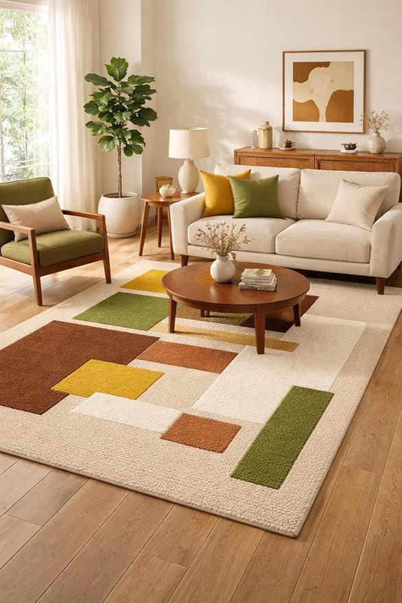 Hand Tufted Wool Geometric Rug-Mid-Century Modern Abstract Geometric Wool Earth Tone Green, Mustard & Terracotta Rug - Handmade Tufted Area Rug for Home Decor (4x4 Square Feet)