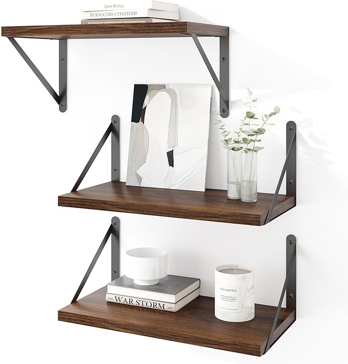 Heimlove Floating Shelves for Wall Set of 3,Light Wood Wall Mounted Bookshelf Decorative Shelf for Living Room Bathroom Bedroom Kitchen Laundry Pictures Plants Books Cats TV,Walnut Color