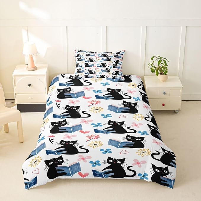 Erosebridal Kawaii Pet Cat Toddler Comforter Cover Black Kitten Cat Lovers Bedding Set Trendy Preppy Florals Duvet Cover for Kids Girls Boys Adults Cute Animals Reading Aesthetic Bed Set