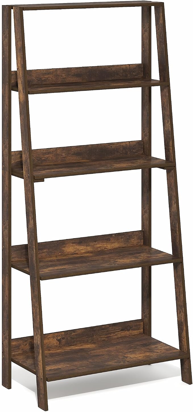 Furinno Ladder Book Shelf, 5-Tier Leaning Standing Shelf, Open Frame Design Bookshelf, Display Storage Shelves, 13 x 23.6 x 53.5, for Living Room, Home Office, Amber Pine