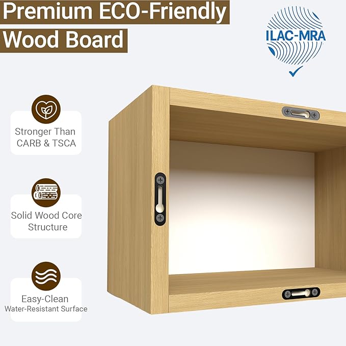 Premium Light Oak Floating Cube Shelves, Eco-Friendly Wood Box-Style Wall Storage Display Set of 3 — Pre-Assembled, Ready to Use, Modern Decorative Wall Shelf Units for Living Room, Bedroom & Office