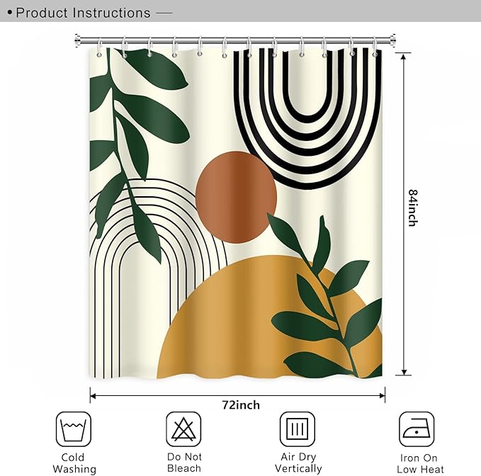 Abstract Mid Century Bohemian Bathroom Shower Curtain Orange Sun Green Eucalyptus Leaves Arch Shower Curtain with Hooks Waterproof Fabric Polyester Shower Curtain Home Decor, 72x84 Inch