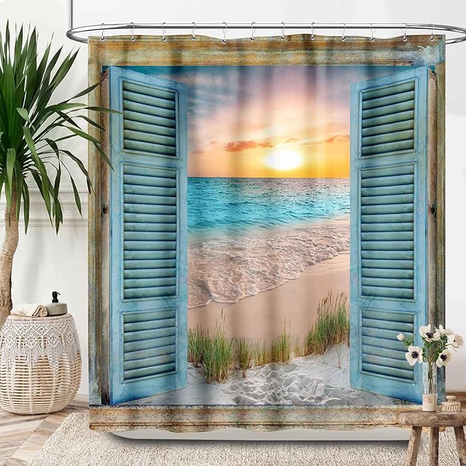 Ocean Beach Shower Curtain,Coastal Nautical Barn Wood Door Sunset Country Seaside Modern Bedroom Living Room Treatment Fabric Waterproof Fabric Bath Curtain Decor with Hooks,72x84Inch