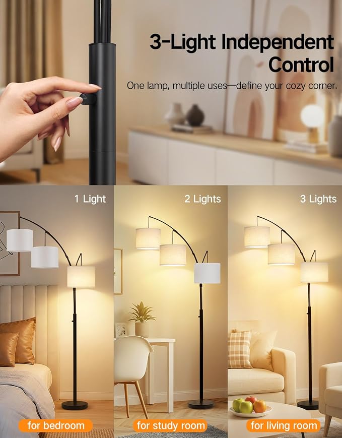 OUTON Arc Led Floor Lamp, Modern Black 3 Light Tall Floor Lamp for Bedroom, 2400lm Mid Century Adjustable Standing Corner Lamps for Living Room Office, 3 LED Bulbs Included, White Lampshade