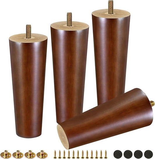 FoDau770 Brown Rubber Wood Furniture Legs 6 Inches, Straight Tapered Wood Feet Mid Century Sofa Legs Set of 4, 5/16" UNC Furniture Feet for Cabinet Couch Dresser Chair Ottoman Table