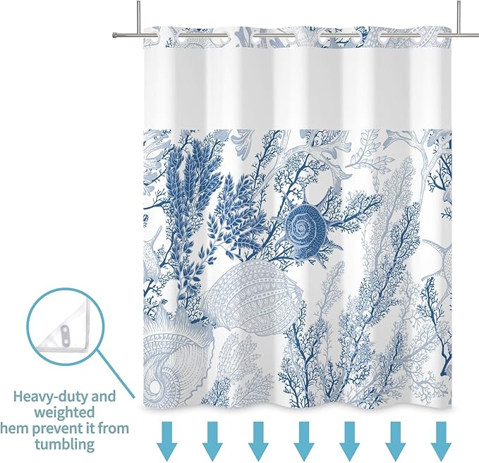 No Hook Shower Curtain with Snap in Fabric Liner Set Nautical Coastal Seashell Coral Beach Ocean Shower Curtains for Bathroom Waterproof Polyester No Hook Home Decorations 71x74in