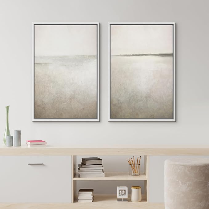 IDEA4WALL Framed Canvas Print Wall Art Set Abstract Sepia Ocean Wave Beach Landscape Nature Wilderness Illustrations Modern Art Decorative Coastal Cottage Seascape for Bedroom - 24"x36"x2 White