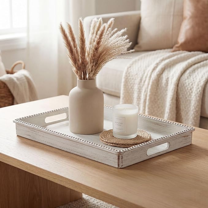 Decorative Tray, Rectangular Plastic Tray with Handles, Modern Vanity Tray and Serving Tray for Bathroom, Kitchen, Ottoman and Coffee Table, 15.6” x 10.2” (Retro White)
