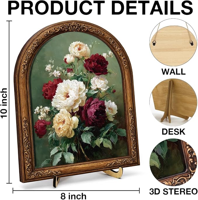 Vintage Rose Wall Art Sign for Home Decor, Arch Frame Floral Wooden Tabletop Decor, Romantic Farmhouse Shelf Decoration, 8x10 Inch