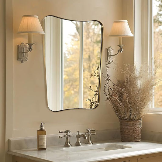 MIRRORTART Contemporary Gold Bathroom Mirrors, 22x30'' Brass Asymmetrical Scalloped Butterfly Rectangle Mirror in 1'' Stainless Steel Metal Frame for Home Decor Wall Mounted Vertical Only