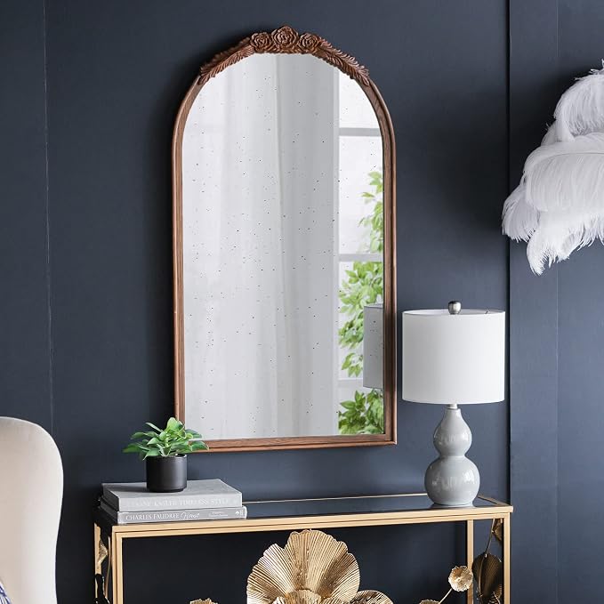 A&B Home Arched Vertical Mirror - Wall Mirror with Hand Carved Rose Antique Mirror Frame, 23" x 42" Arch Mirror for Bathroom Living Room Bedroom Enterway, Dark Brown