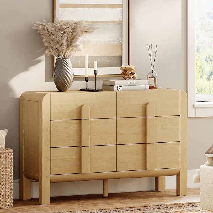 WAMPAT 47.2" W Buffet Cabinet with 6 Drawers, Modern Sideboard Buffet Cabinet with Storage, Buffet Table Coffee Bar Wine Bar Storage Cabinet for Dining Room, Living Room, Hallway, Oak