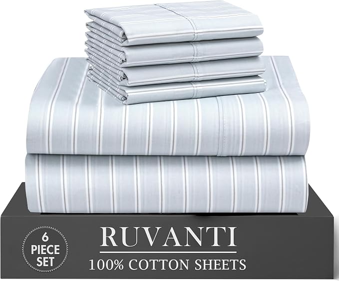 RUVANTI 100% Cotton Percale Sheets California King Size 6 Piece Set, Cooling Bed Sheets for Hot Sleepers, Deep Pocket 14”, Breathable Lightweight & Durable, Crisp Hotel Style Sheets, Horizon Stripes