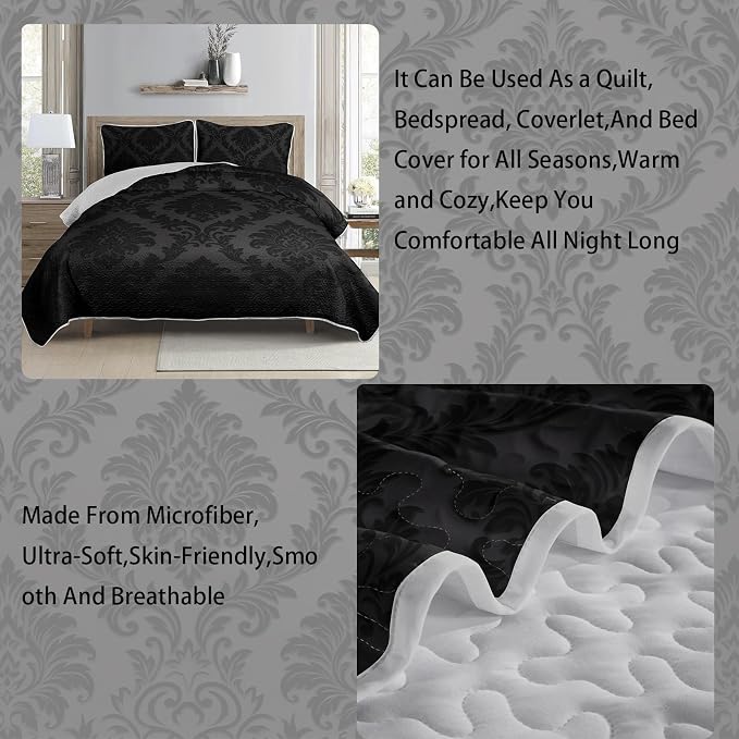 AILONEN Classic Scroll Queen Quilted Comforter Set 3 Piece, Luxury Filigree Bedspread Coverlet with 2 Pillowcases, Decorative Bedding for Couples Bedroom