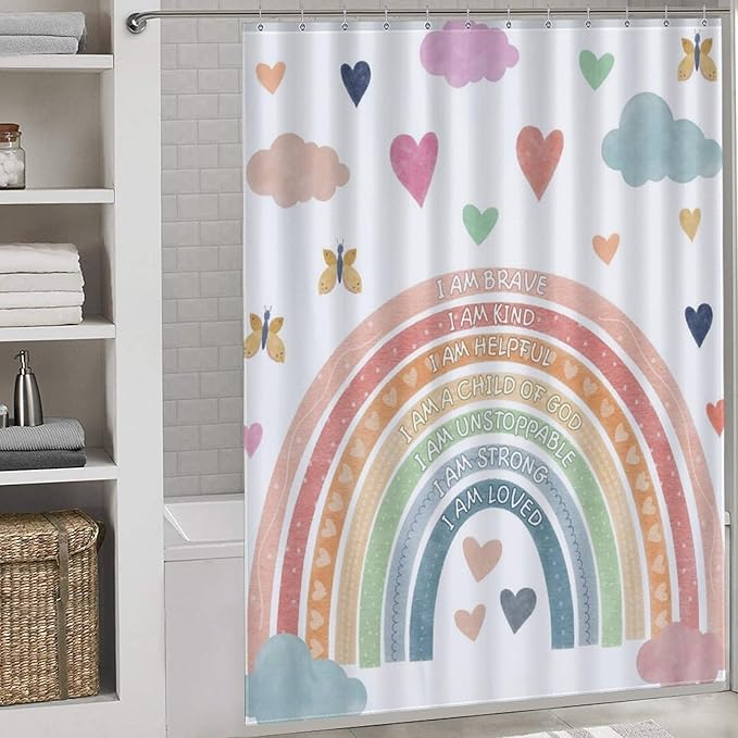 Pastel Rainbow Shower Curtain for Bathroom, Kids Girls Baby Boho Cute Inspirational Motivational Quotes Rainbow Colorful Waterproof Fabric Shower Curtain Set with Hooks, 72"x72" Inch