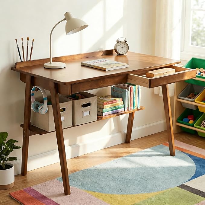 Wooden Writing Desk with Drawers, Small Solid Wood Desk, Mid Century Modern Desk with Storage Shelf & Side Hooks for Small Spaces/Study/Bedroom/Office (Walnut)