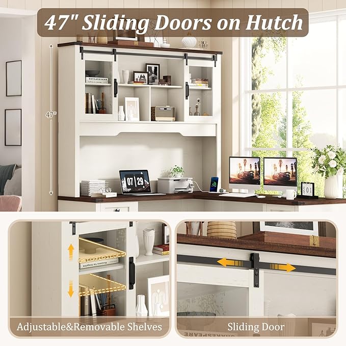 Squireewo 68.9'' Farmhouse L Shaped Desk with Hutch and Drawers, 76" High Wood Executive Home Office Desk with Charging Station, File Drawer and Cabinet, Computer Corner Desk with Sliding Doors, White