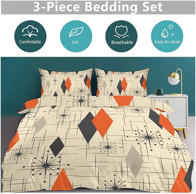 Mid Century Bedding Set,Retro Starbursts Abstract Orange Black Geometric Minimalist 1950s 60s Pattern Comforter Set with Pillowcase for Bedroom Bed Decor,Full 79"x90"