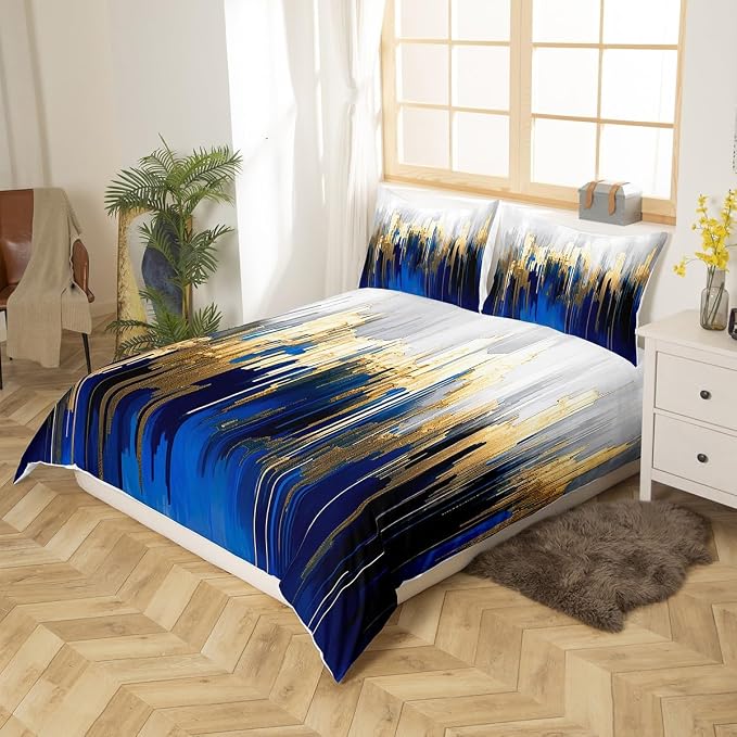 Erosebridal Abstract Art Bed Set Navy Gold Grey Duvet Cover, Stripe Bedding Set Twin Golden Metallic Sequins Comforter Cover, Dark Blue Tie Dye Bed Cover Luxurious Modern Bedroom Decor