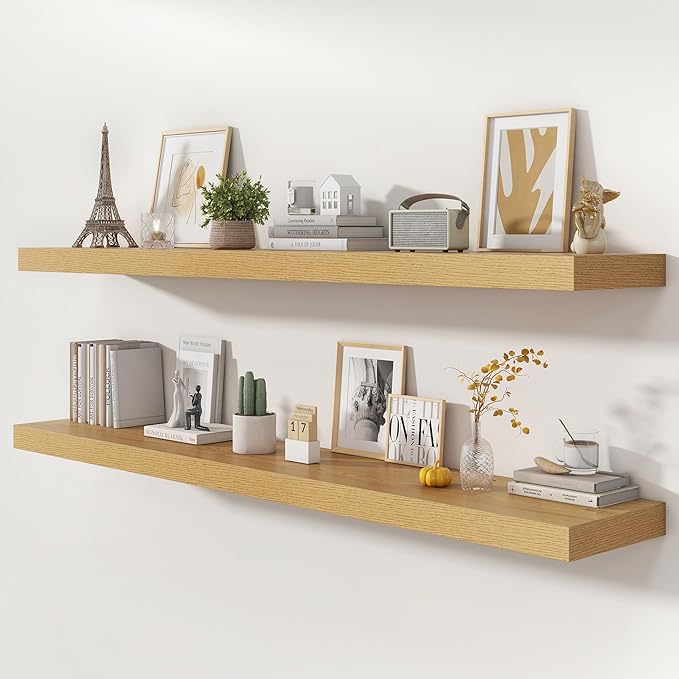 72 Inch Floating Shelves | 12 Inch Deep Oak Floating Shelves Set of 2 | 72" W x 12" D Rustic Oak Wall Shelves for Bathroom Living Room Kitchen Laundry Room