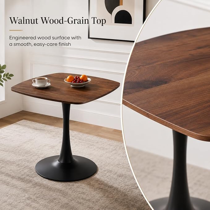 31.5" Square Dining Table, Modern Mid-Century Walnut Wood Grain Kitchen Table for 2-4, Black Metal Pedestal Base Small Space Dining Table for Apartment, Café, Breakfast Nook