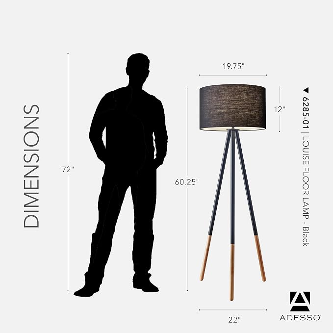 Adesso 6285-01 Louise, 60.25 in., 150 W Incandescent/ equiv. CFL, Black Painted Metal w/ Wood Tips, 1 Floor Lamp